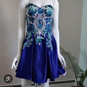 Blondie Nites Royal Blue Strapless Embroidered Cocktail Dress